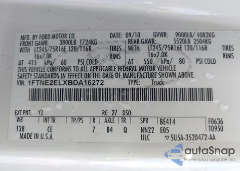 2011 Ford E-250 Commercial z USA, uszkodzony, nr VIN 1FTNE2ELXBDA16272